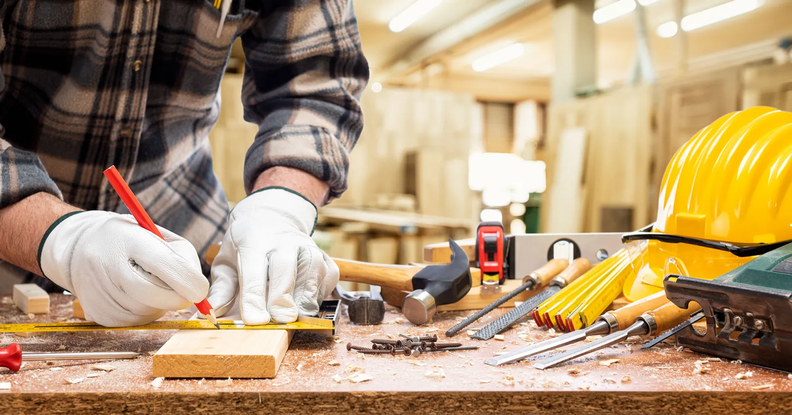 Tradesperson measuring and marking wood at a workbench with tools
